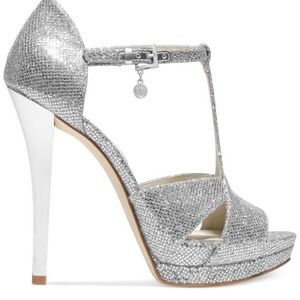 Silver Glitter Michael Kors Diana T-strap heels