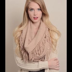 Peach Ribbed Infinity Scarf with Fringe