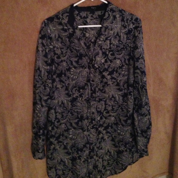 Dark Blue Paisley Long Sleeve Long Shirt