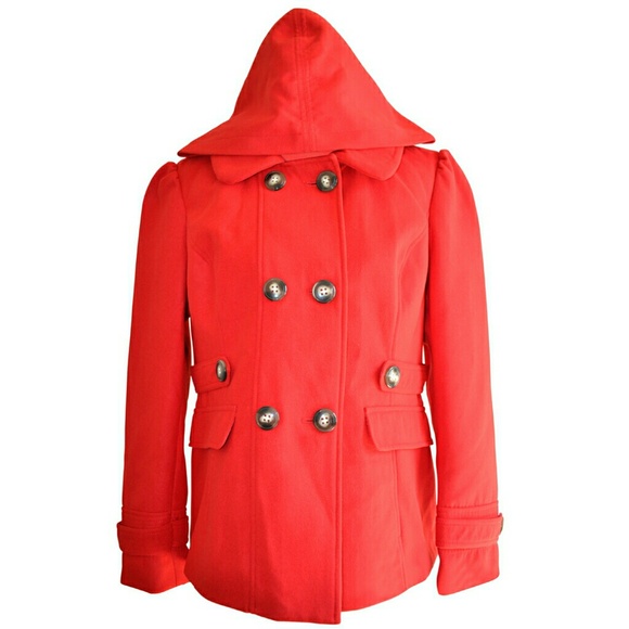 Red Hooded Double Breast Pea Coat Pink Envelope