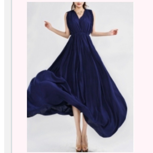 Elegant V Neck Sleeveless Navy High Waist Dress