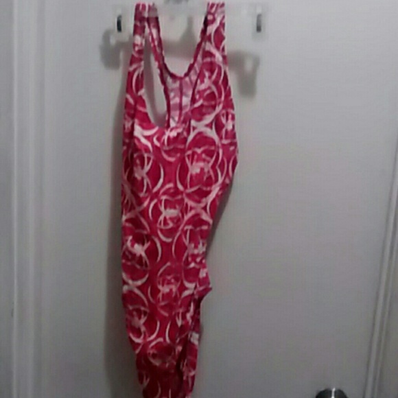 Swin suit. Pink white and dark pink.