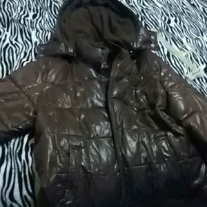 Brown puff jacket.