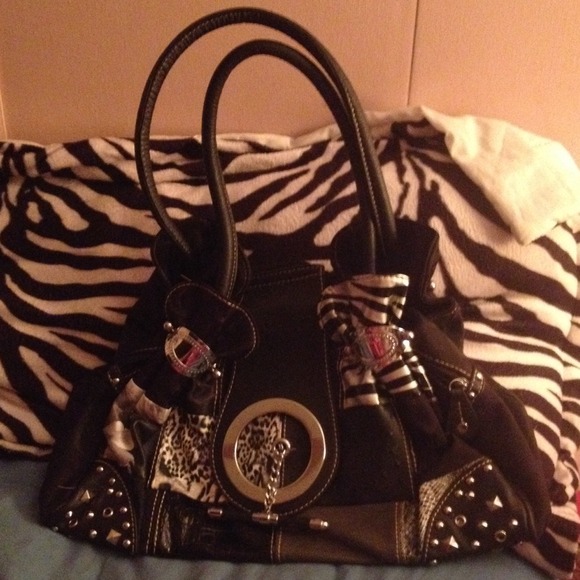 Black animal print patch studded purse