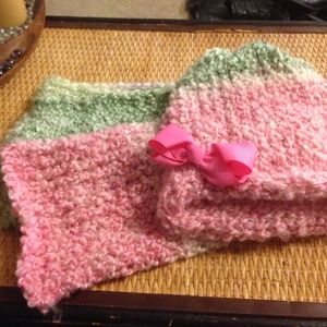 Green and pink hand knit hat and scarf