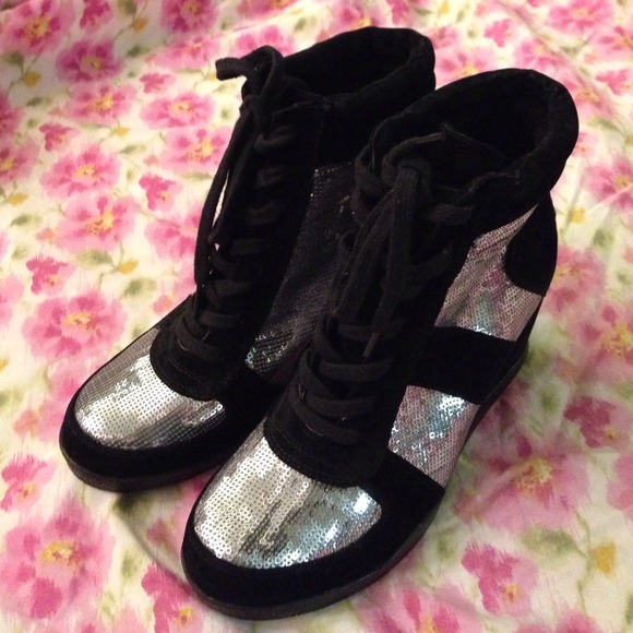 Wanted high heel wedge sneakers silver sequins