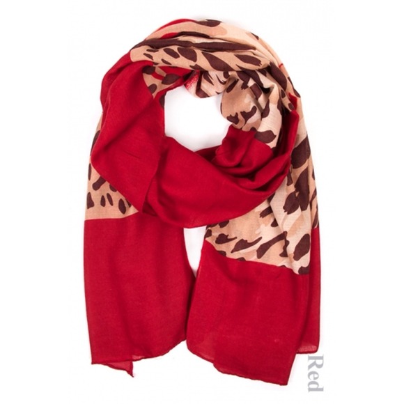 Boutique Brand Accessories - Red & Animal Print Oblong Scarf