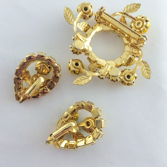 Vintage Yellow Flower Rhinestone Pin Earring Set - Picture 2 of 3