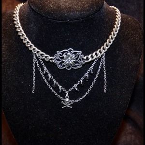 Matte Silver Choker with chains and A Skull