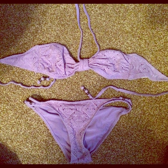 Lavender crochet bandeau bikini with straps