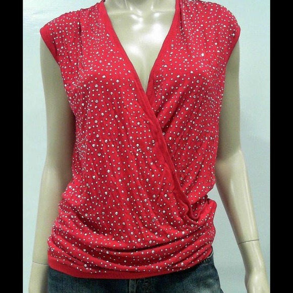 Red Knit Plunge Top with Silver Details NWOT