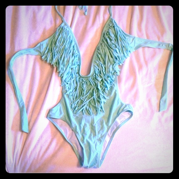 Mint fringe one piece with cut outs