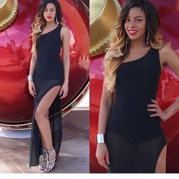 AQ/AQ one shouldered high slit sheer dress