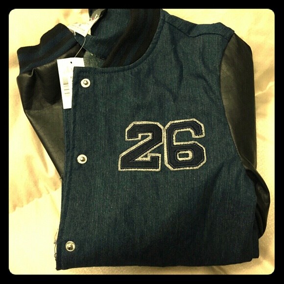 #1HrDark Denim Faux Leather Sleeve Baseball Jacket