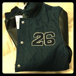 #1HrDark Denim Faux Leather Sleeve Baseball Jacket