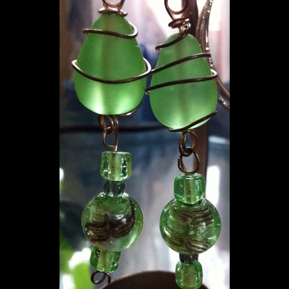 Awesome glass and hand wrapped wire long earrings