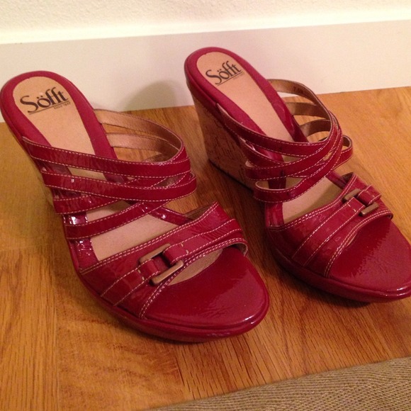 Red patent leather wedge sandals