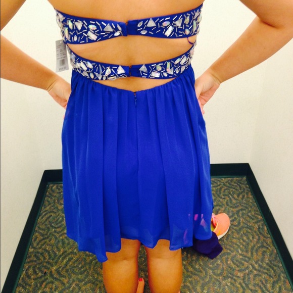 From royal blue short strapless dress
