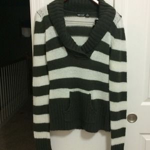 Olive Green and White Striped Knitted Sweater