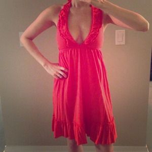 Coral pink jersey halter dress