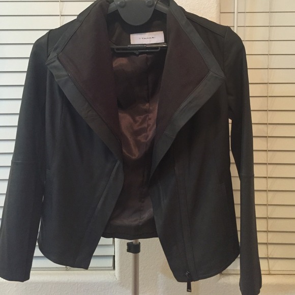 T Taharai Drape Collar Leather Jacket.