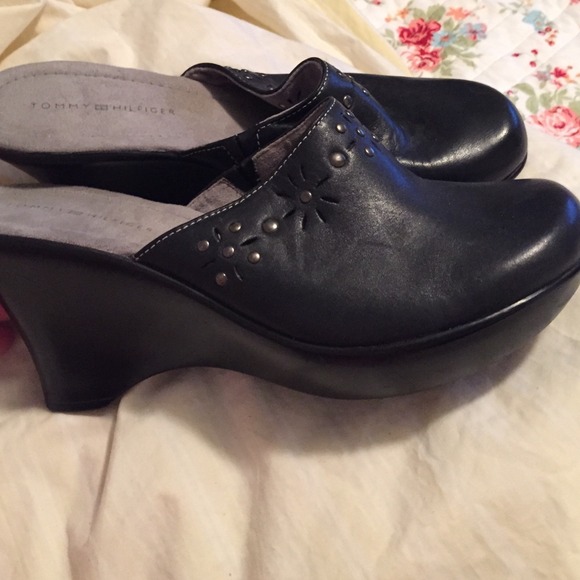 Black leather clogs