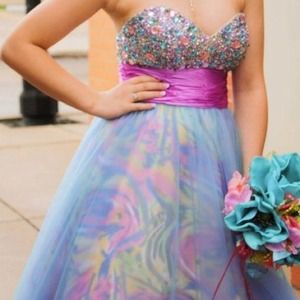 Multicolor pastel prom dress with beaded top