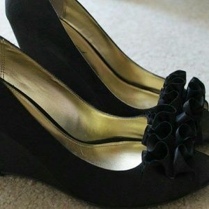 Black, satin, peep toe wedges