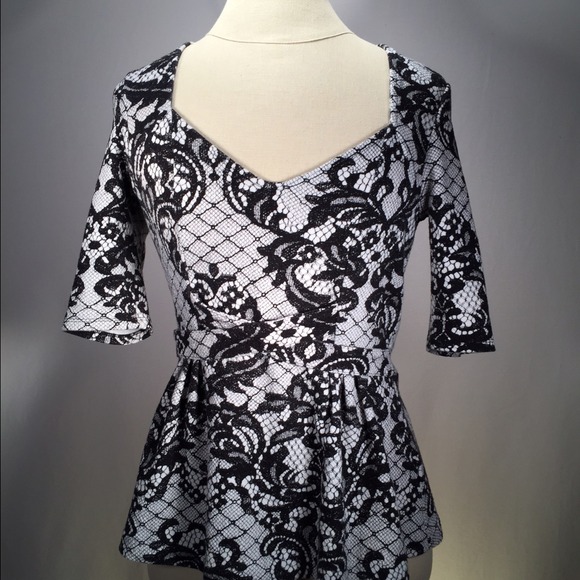 Anthropologie B&W Printed-Lace Peplum Top