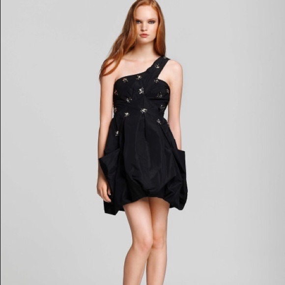 BCBG taffeta one shoulder dress with crystals