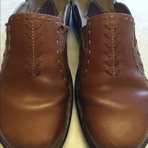 Clarks light brown leather mules