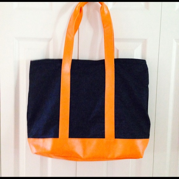 Bath & Body Works dark denim tote with orange trim