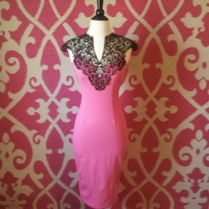 Ax Paris midi hot pink dress with black appliqu?