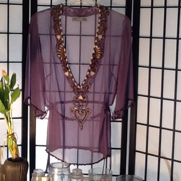 Women's Joolay Hand Beaded Sheer Silk Top NWOT s/m