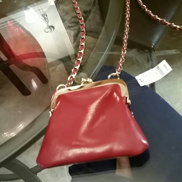 Small red purse with gold chain and red strap