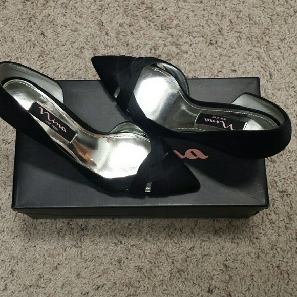 Kitten heel, black satin shoe