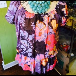 PURPLE FLORAL PRINT PEASANT TOP