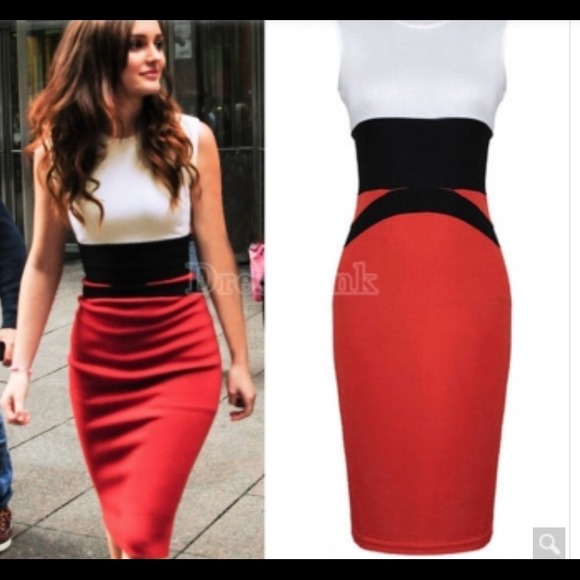 Red, White, Black Midi dress fits like a large