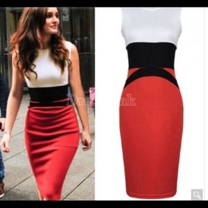 Red, White, Black Midi dress fits like a large