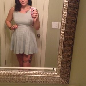 Blue and cream striped dress w crochet lace accent