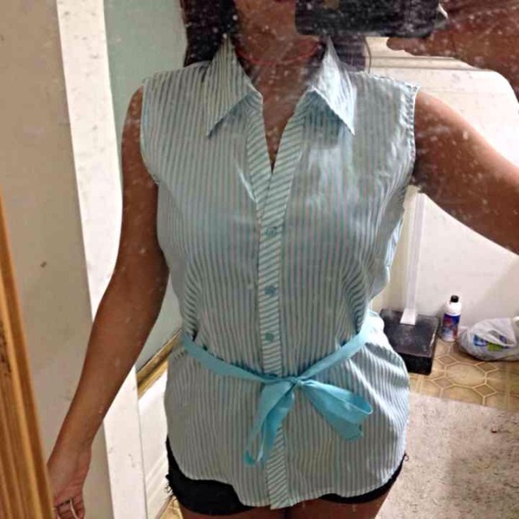 White and blue striped button down sleeveless top - Picture 2 of 4