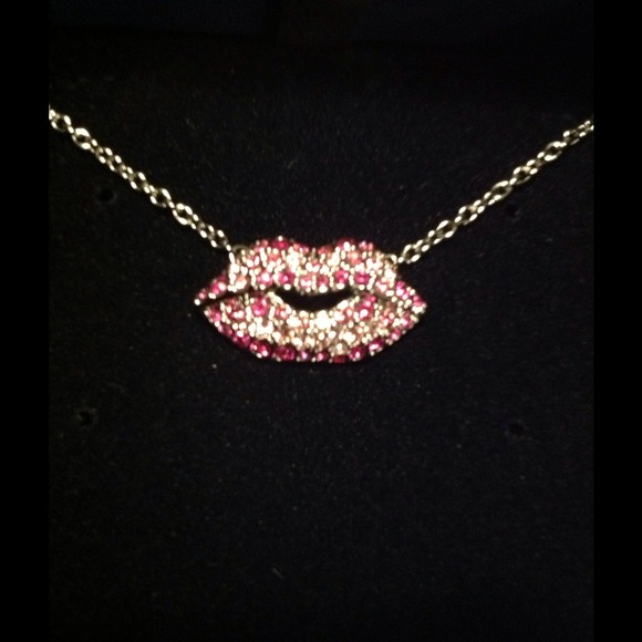 Swarovski silver necklace with pink crystal lips.