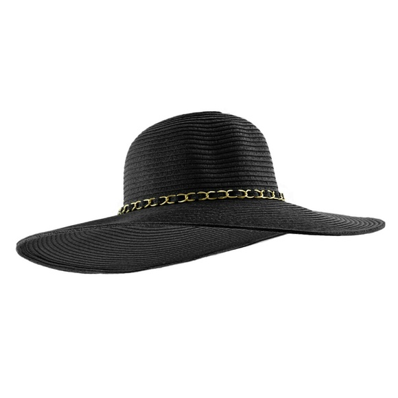 Black floppy hat with gold chain