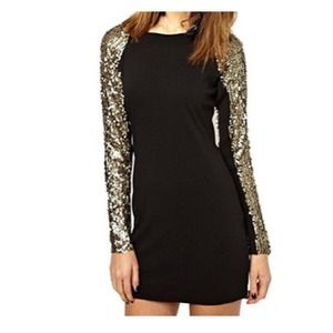 NWT black party dress with gold sequin sleeves