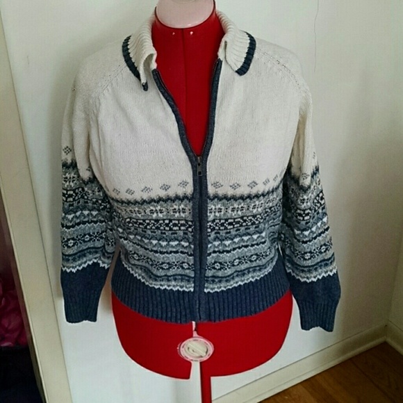 Blue and white zip up collared sweater