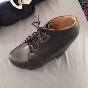 Black leather wedges