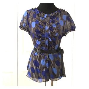 Sheer belted top, grey with blue polka-dots