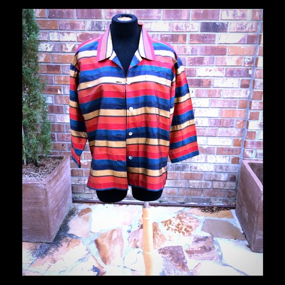 Raw Silk Multicolor Striped Top or Light Jacket by Harris Wallace NY - Picture 1 of 4