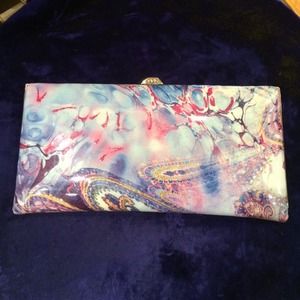 Leather Frame Wallet With Blue Paisley Motif