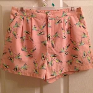 Salmon Pink Bird Print High Waisted Shorts